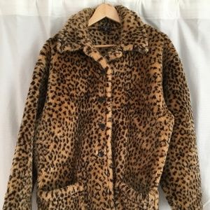 Faux Fur Leopard Print Jacket Coat, Size Large
